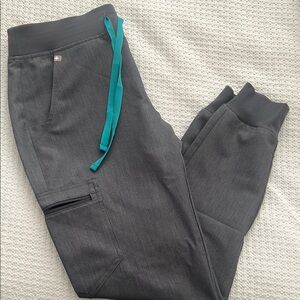 Figs Technical Collection Gray Jogger Pants with Teal Drawstring Sz Small